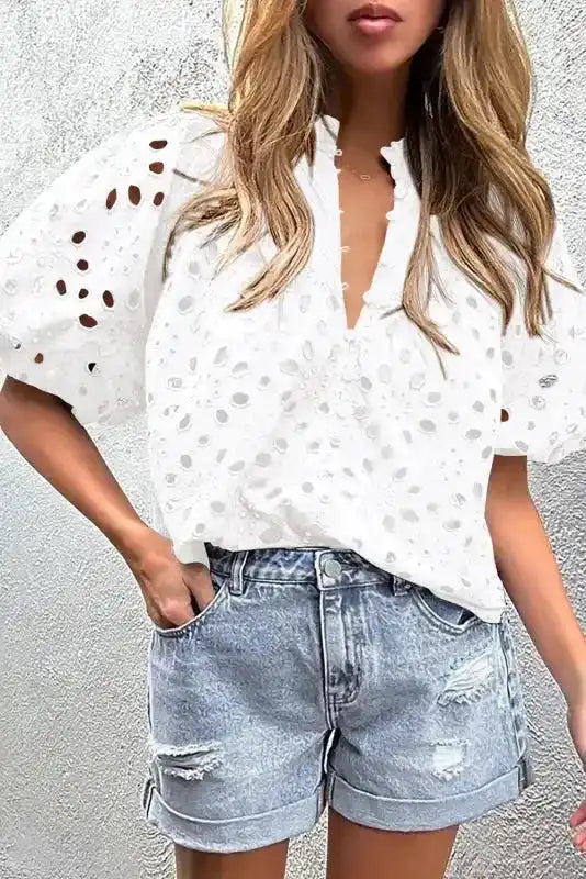 White Puff Sleeve Cutwork Embroidered Blouse Women UK