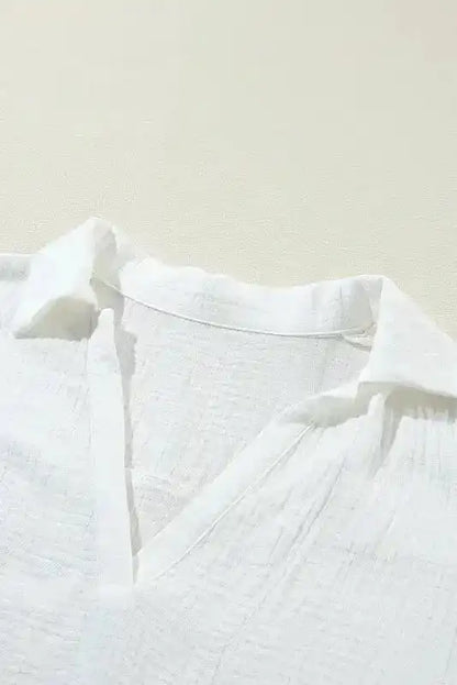 White Crinkled Lace Blouse Shirt Collar Short Sleeve Cotton