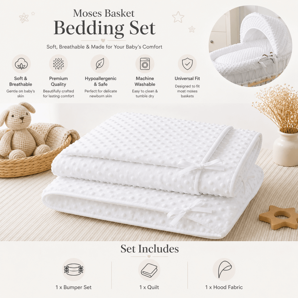 White Dimple Moses Basket Bedding Set (Basket Not Included!)