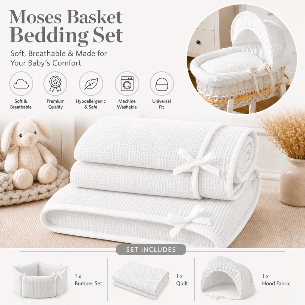 White Waffle Moses Basket Bedding Set (Basket Not Included!)