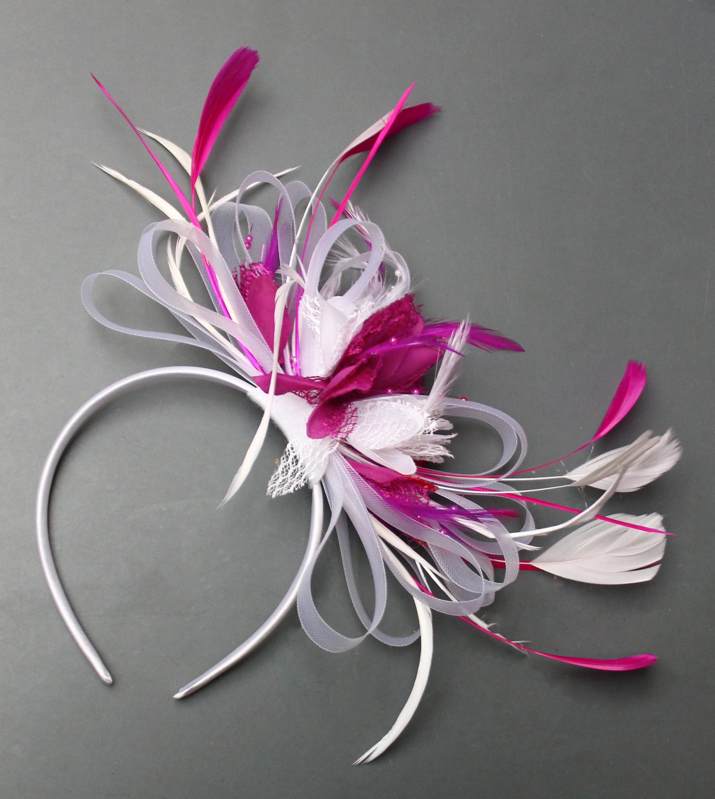 White and Fuchsia Hoopmix Fascinator on Headband