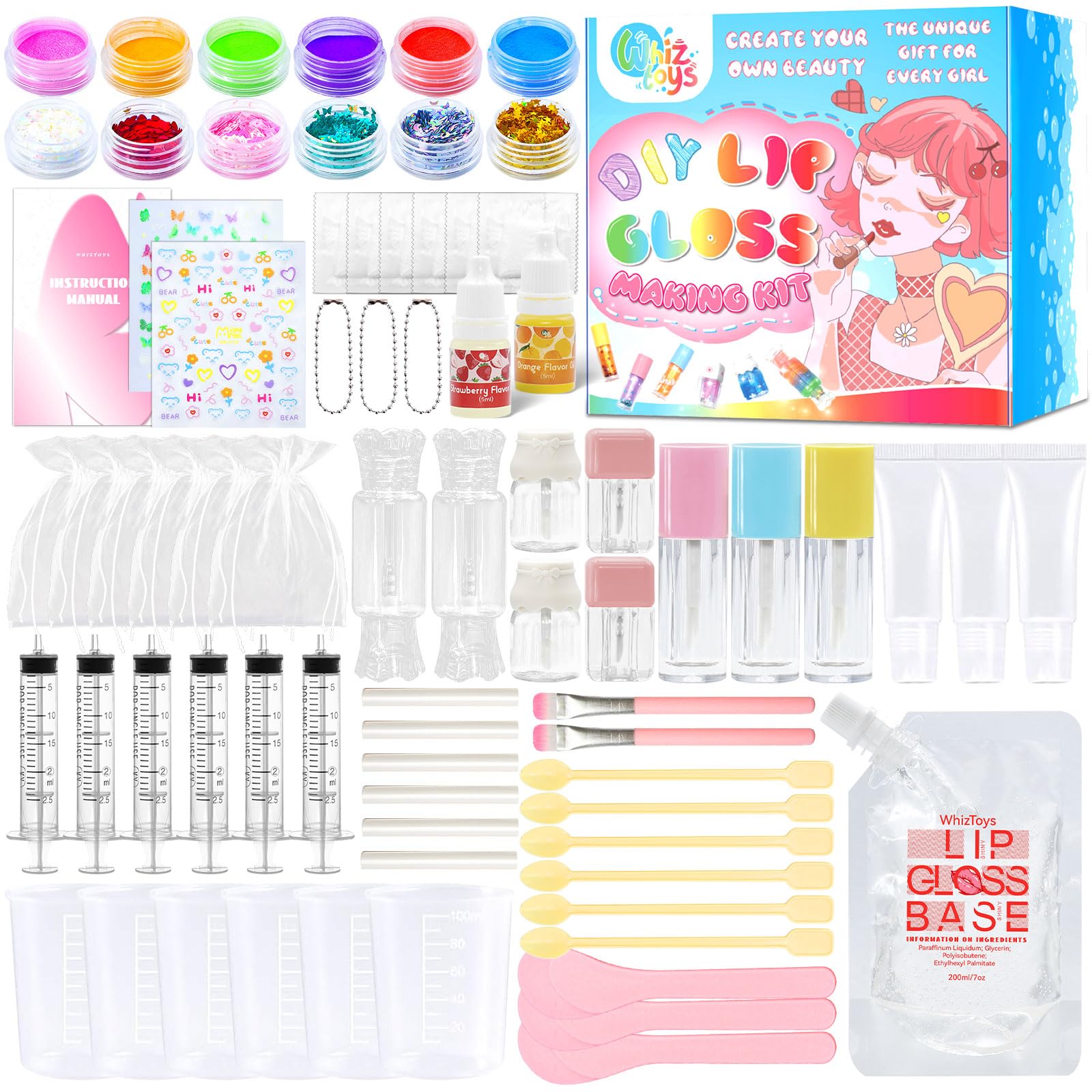 WhizToys 74PCS DIY Lip Gloss Making Kit – Create Your Own Shimmer Lip Glosses (200ml Base)