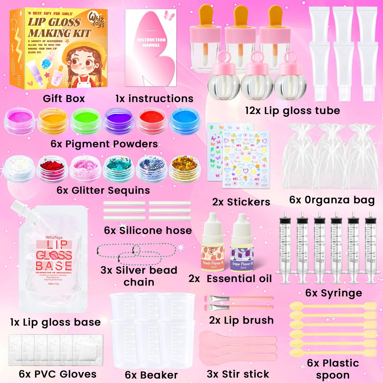 WhizToys DIY Lip Gloss Making Kit | Create Custom Glosses with 200ml Base & 12 Tubes