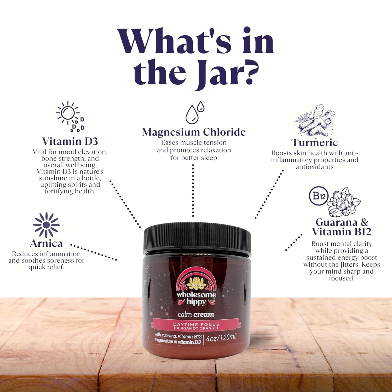 WHOLESOME HIPPY Daytime Focus Calm Cream – Energizing Magnesium + B12 Body Butter (4oz)
