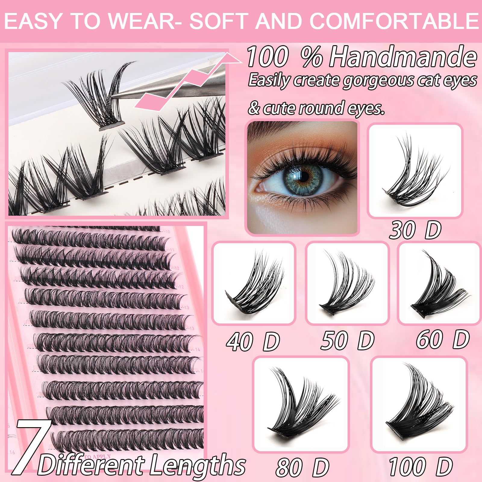 WIGICD Lash Clusters Kit 60D+80D 9-16mm DIY Lash Extensions – 480 Pcs, D Curl, Soft Band
