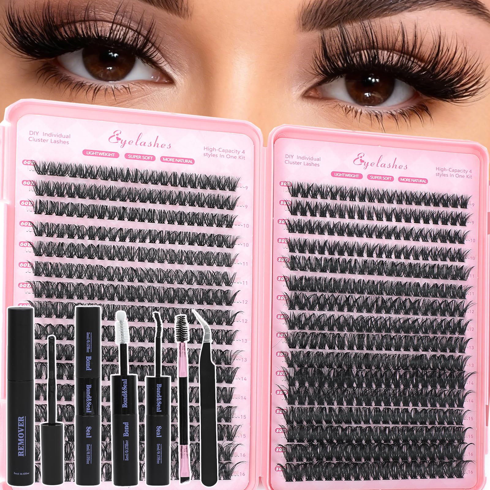 WIGICD Lash Clusters Kit 60D+80D 9-16mm DIY Lash Extensions – 480 Pcs, D Curl, Soft Band