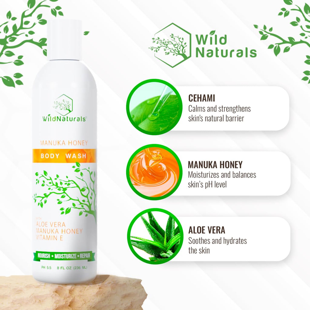 Wild Naturals Manuka Honey Body Wash – Organic, Sulfate-Free (UMF 12+), for Eczema & Psoriasis