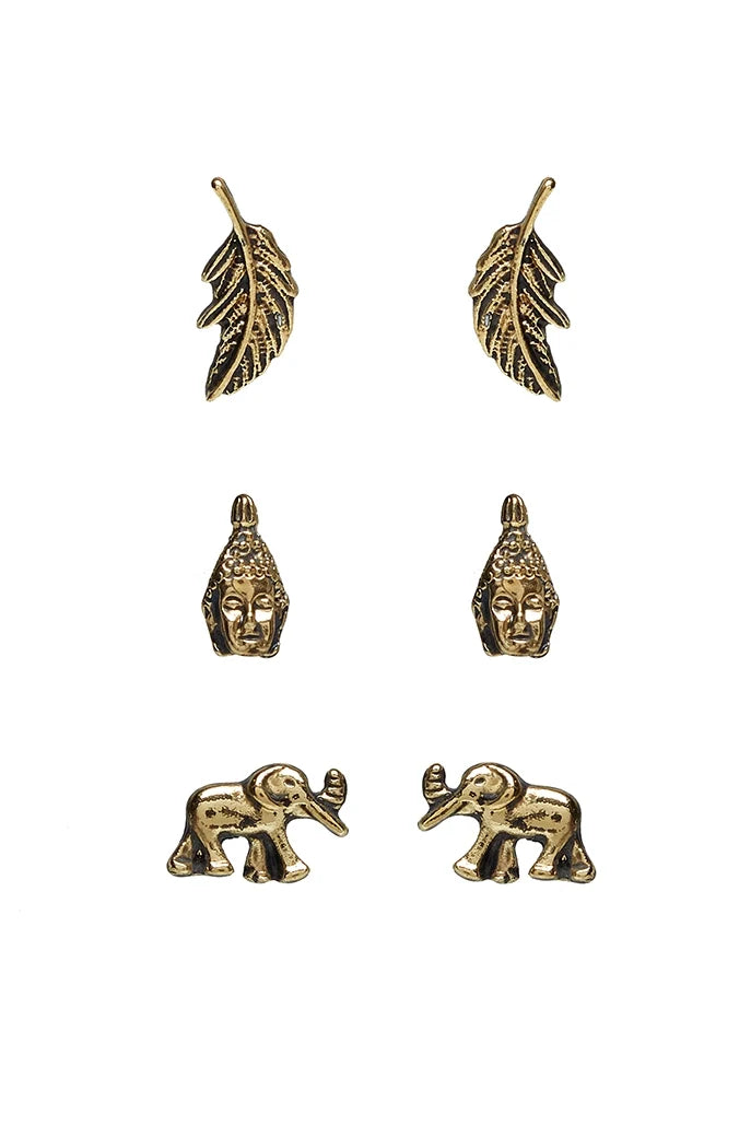 Wilder 3 Pack Elephant Tribal Gold Earrings