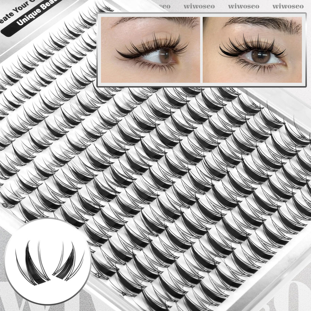 wiwoseo Manga Lash Clusters 8-14mm | D-Curl Fairy Spike Lashes with Clear Band