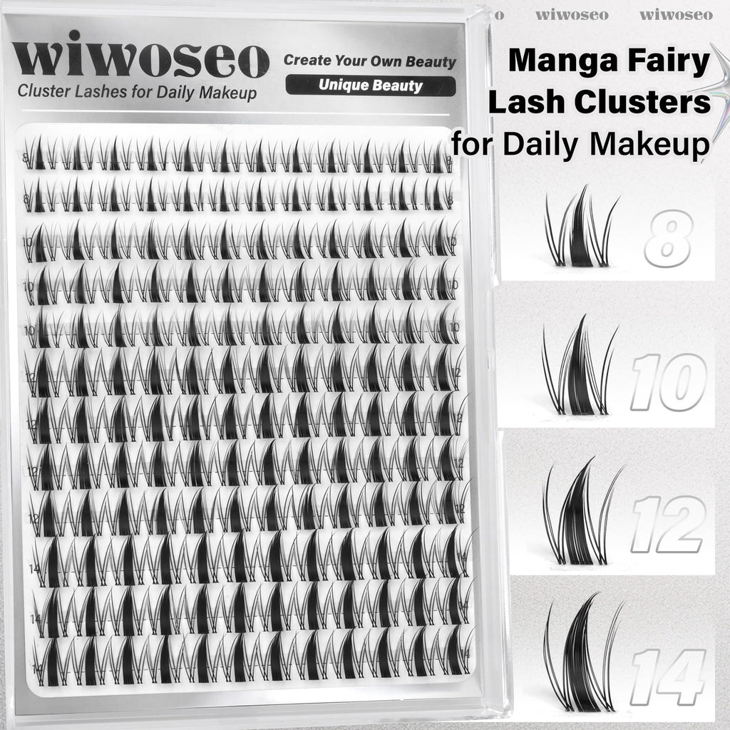 wiwoseo Manga Lash Clusters 8-14mm | D-Curl Fairy Spike Lashes with Clear Band