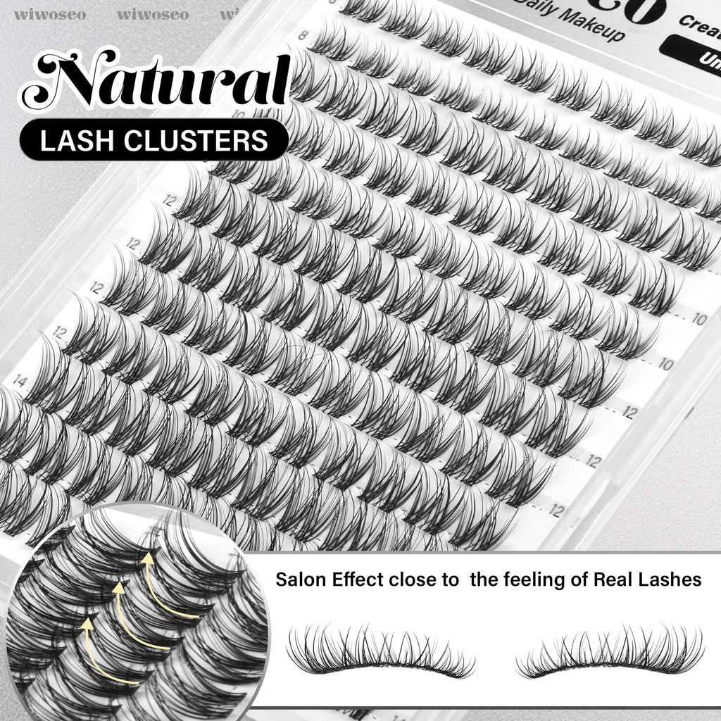 wiwoseo Flaunt Lash Clusters Kit – Natural D-Curl Wispy Lashes 8-14mm for Beginners