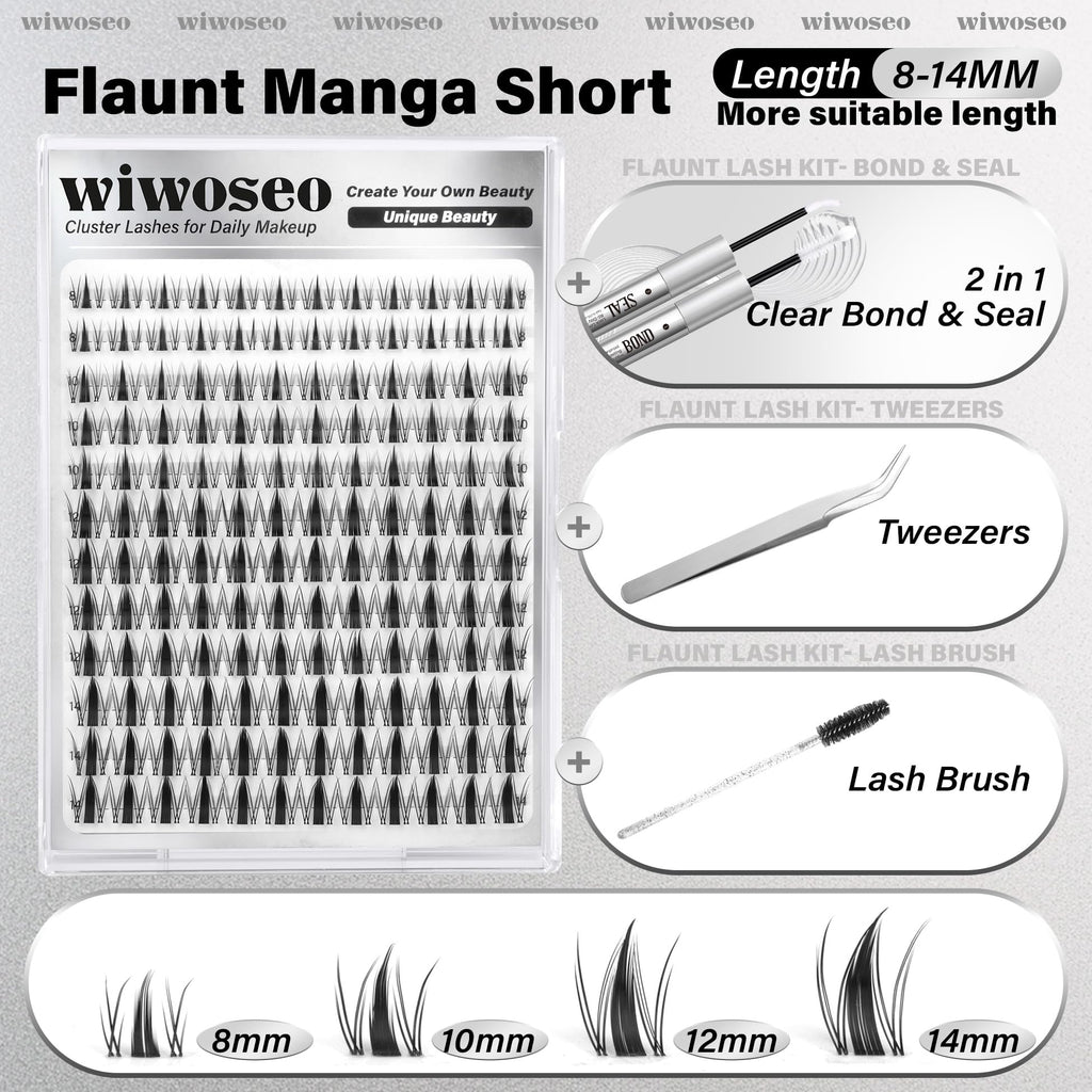 wiwoseo Flaunt Manga Lash Clusters Kit – Fairy Spiky Lashes, 8–14mm, Beginner Friendly