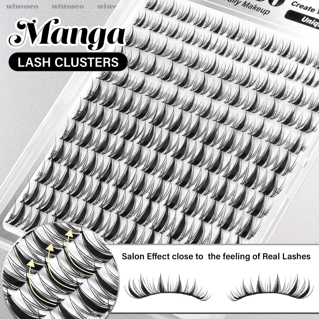 wiwoseo Manga Lash Clusters 8-14mm | D-Curl Fairy Spike Lashes with Clear Band