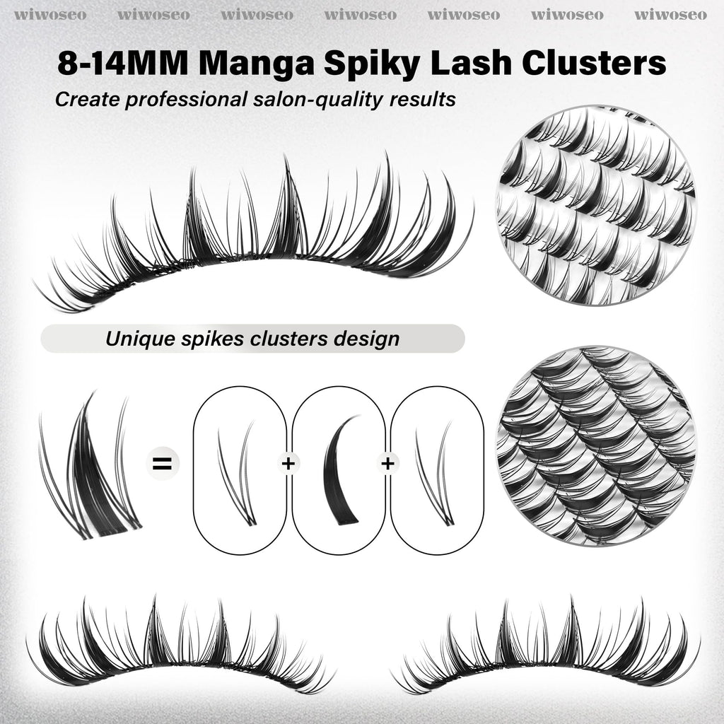 wiwoseo Manga Lash Clusters 8-14mm | D-Curl Fairy Spike Lashes with Clear Band