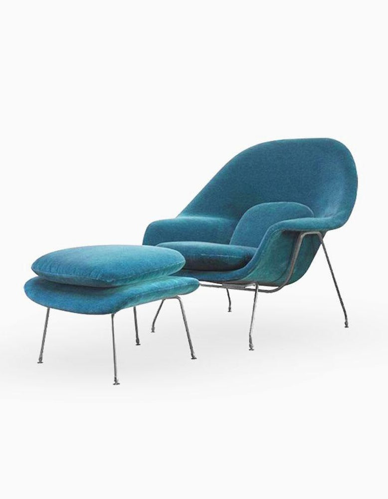 Classic Womb Chair & Ottoman, In Premium Velvet or Linen, Sky Blue