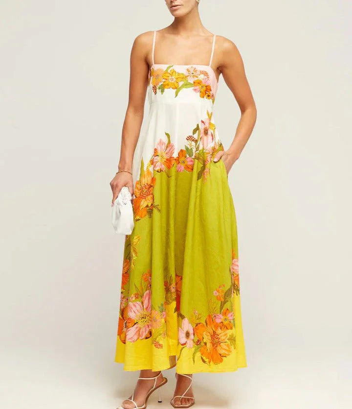 Casual Summer Dress For Women -  High Waist Sleeveless Linen Swing Dress in Elegant Print