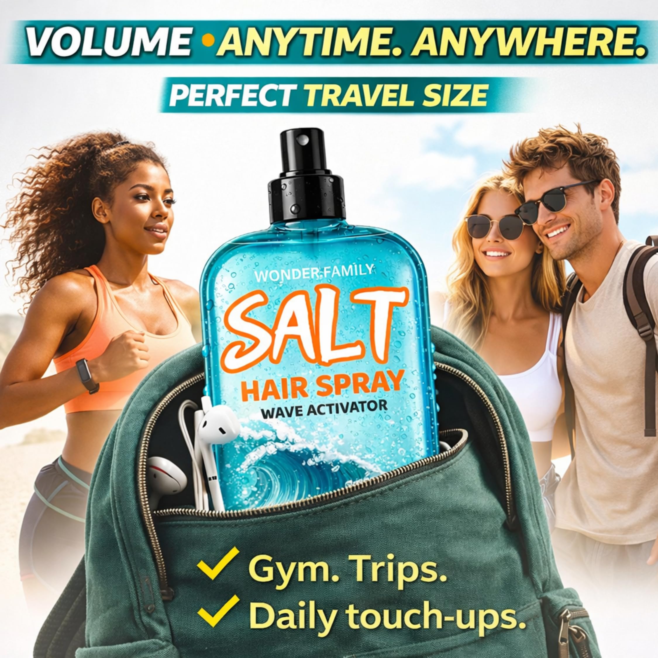 Wonder Family 2-in-1 Texturizing Sea Salt Spray – Beach Waves & Curly Hair, Extra Hold, Low Shine, 2 x 16 oz