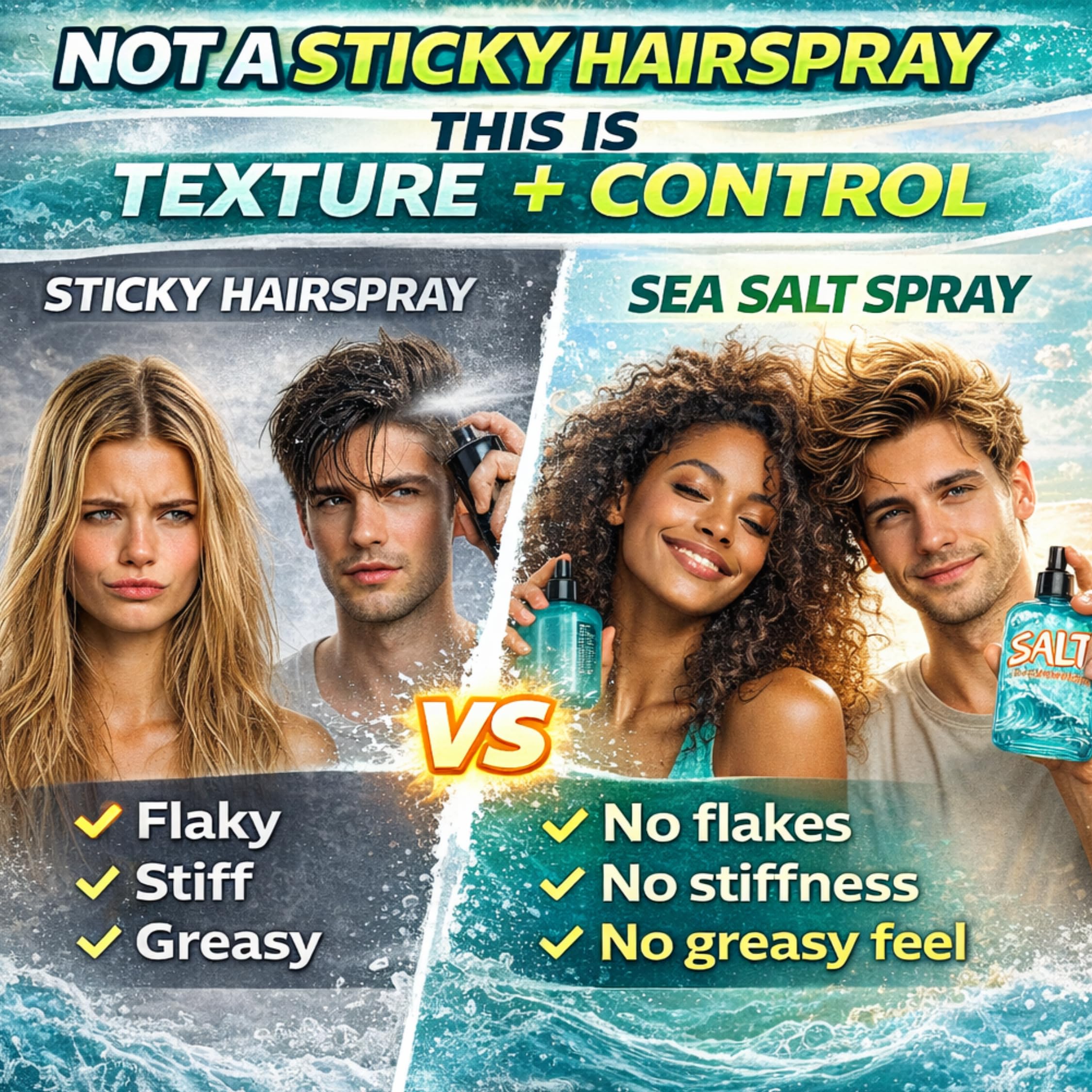 Wonder Family 2-in-1 Texturizing Sea Salt Spray – Beach Waves & Curly Hair, Extra Hold, Low Shine, 2 x 16 oz