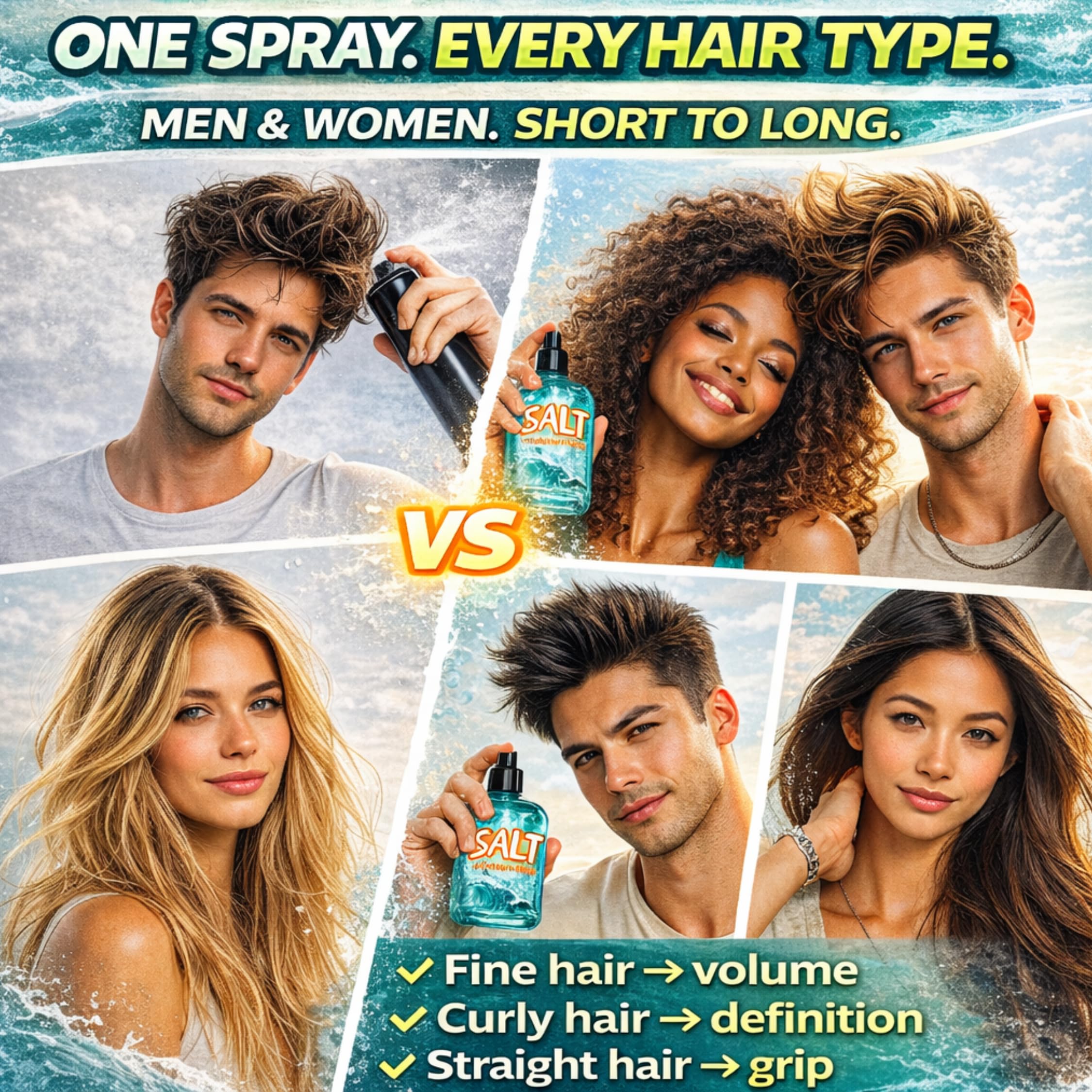 Wonder Family 2-in-1 Texturizing Sea Salt Spray – Beach Waves & Curly Hair, Extra Hold, Low Shine, 2 x 16 oz