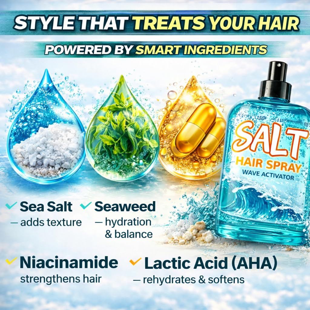 Wonder Family 2-in-1 Texturizing Sea Salt Spray – Beach Waves & Curly Hair, Extra Hold, Low Shine, 2 x 16 oz