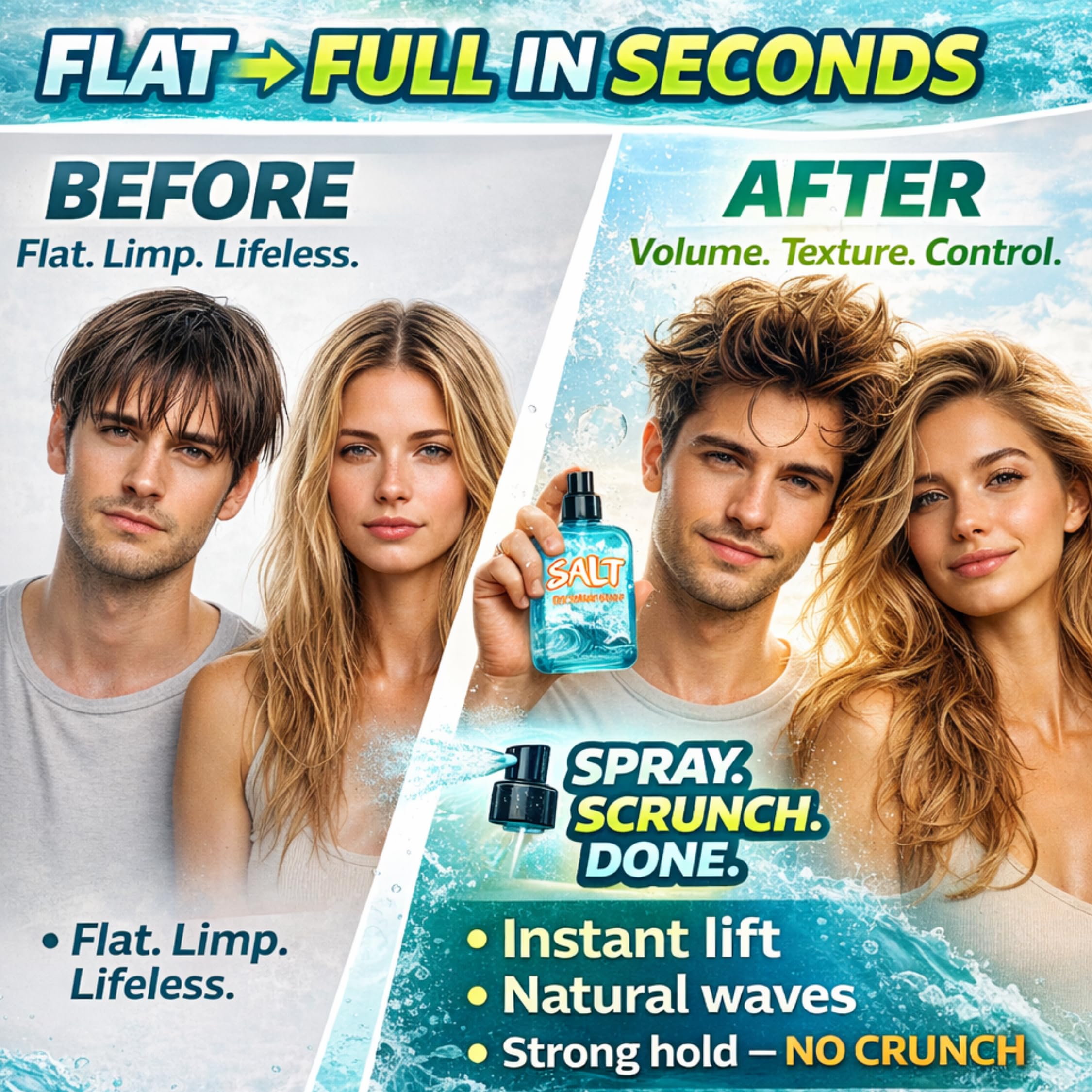 Wonder Family 2-in-1 Texturizing Sea Salt Spray – Beach Waves & Curly Hair, Extra Hold, Low Shine, 2 x 16 oz