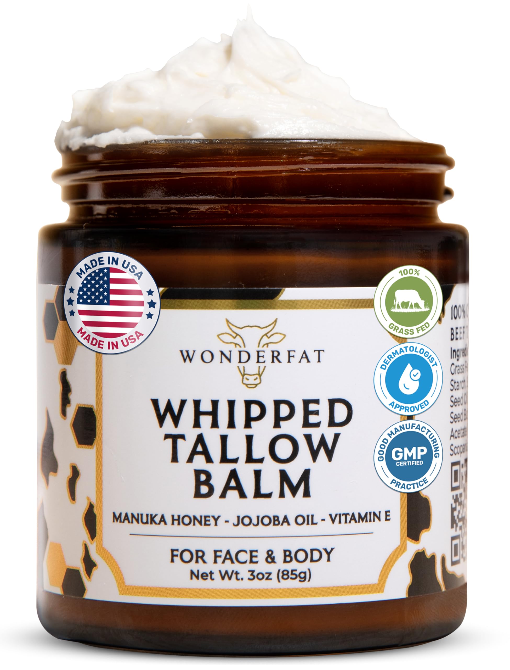Wonderfat Grass-Fed Whipped Tallow Balm – Face & Body Moisturizer with Manuka Honey (Unscented, 3 oz)