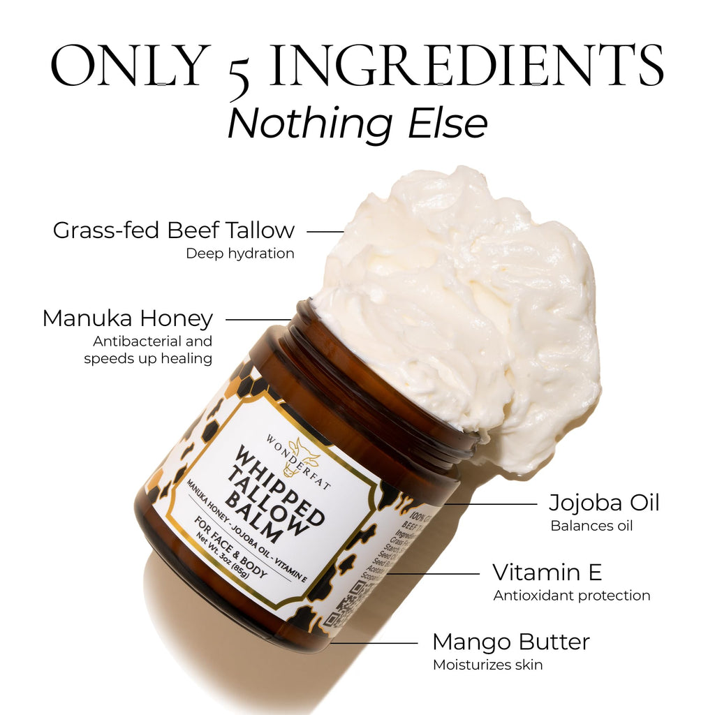 Wonderfat Grass-Fed Whipped Tallow Balm – Face & Body Moisturizer with Manuka Honey (Unscented, 3 oz)
