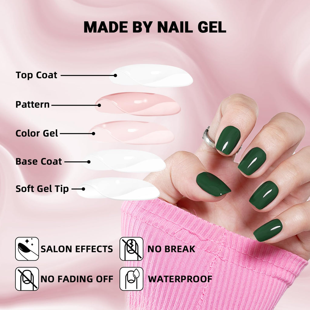 WOOYAS Handmade Green Square Press-On Nails – 24Pcs Gel Kit with Glue & Tools