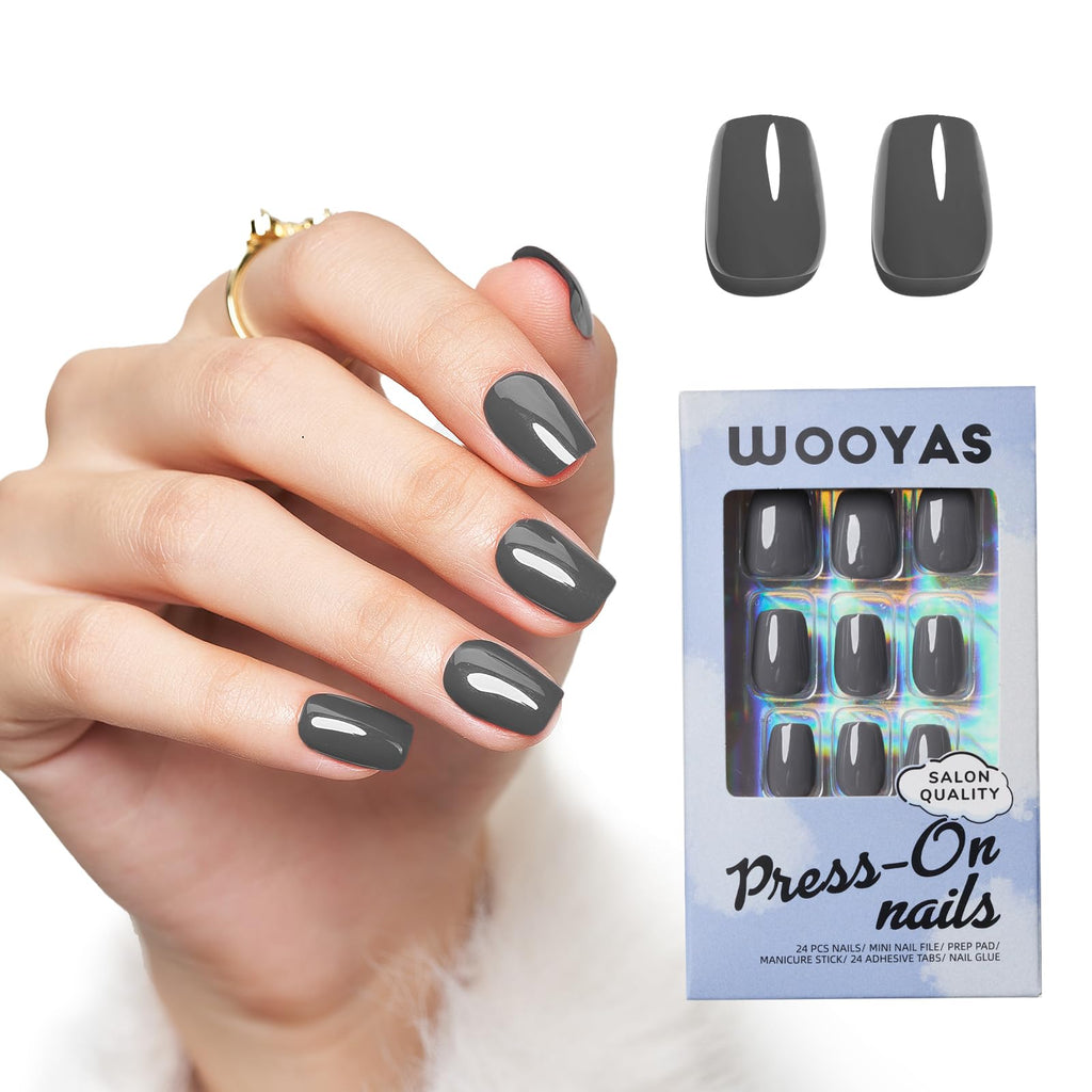 Wooyas Press On Nails Short Square – Cement Gray Soft Gel Kit, 24 Pcs, 12 Sizes, Glue Included