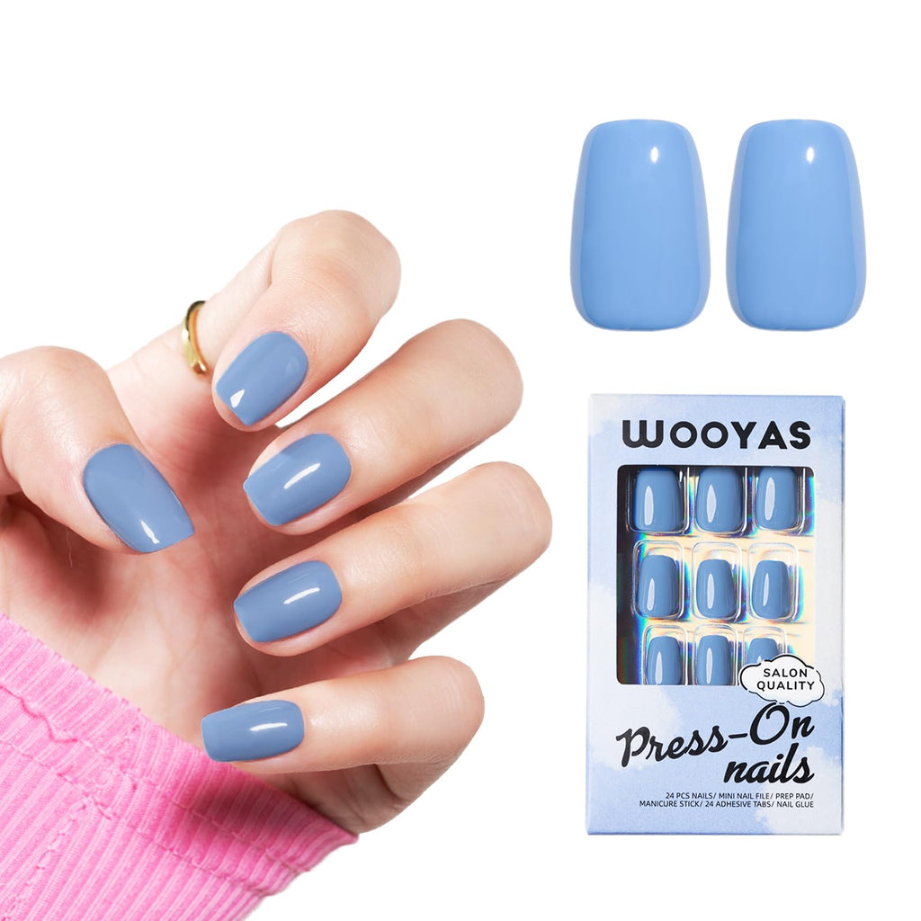 WOOYAS Navy Blue Short Square Press-On Nails – Gel Handmade, 24 Pcs Kit, Reusable