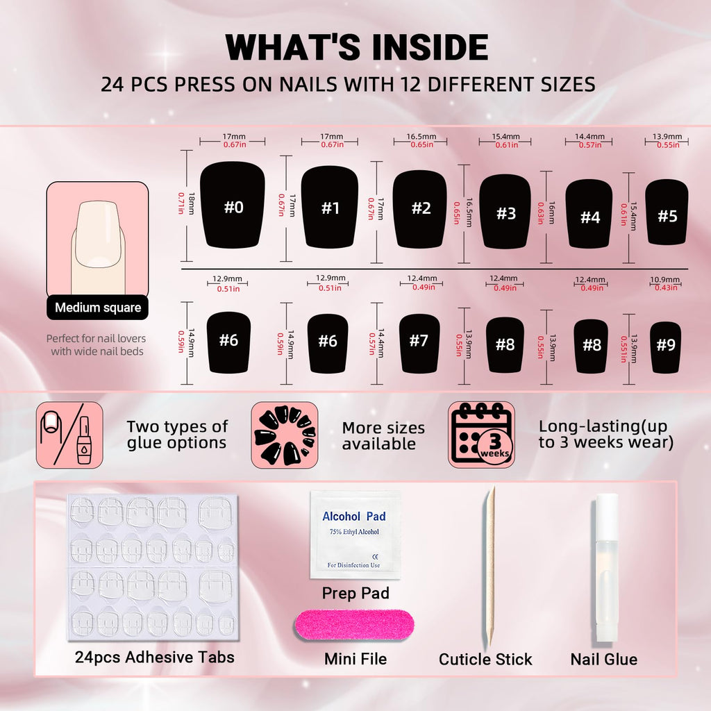 Wooyas Press On Nails Short – Classic Red Gel Nails, 24 Pcs, 12 Sizes, Reusable