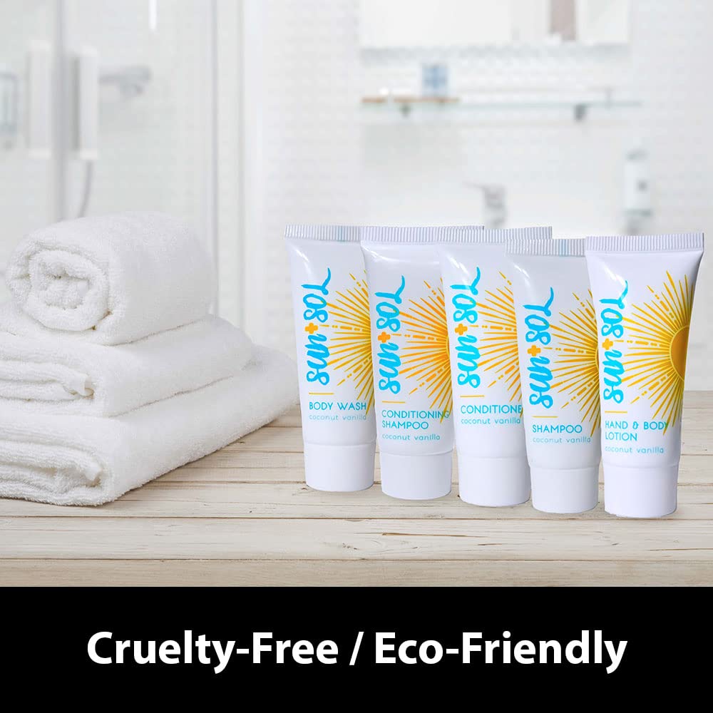 World Amenities Sun + Sol Bulk Luxurious Hand & Body Lotion – 0.7 oz Travel Size, 300 Count, Warm Coconut & Vanilla