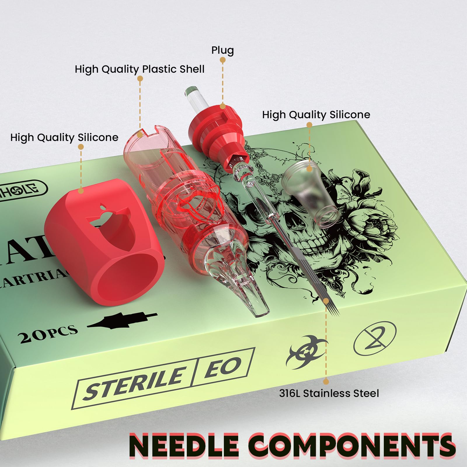 Wormhole Tattoo 11M1 Needle Cartridges – 20Pcs #10 Bugpin, 3.5mm Taper, Finger Ledge