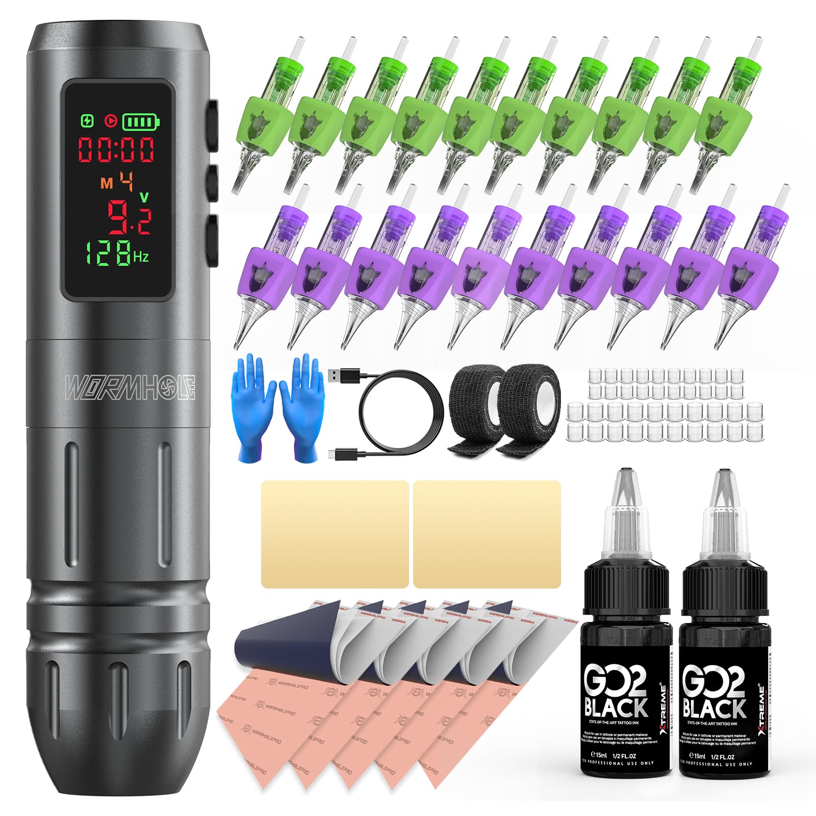Wormhole Tattoo Gun Kit: Wireless 1600mAh Battery, 20 Needles, Xtreme Ink, Smart Pen
