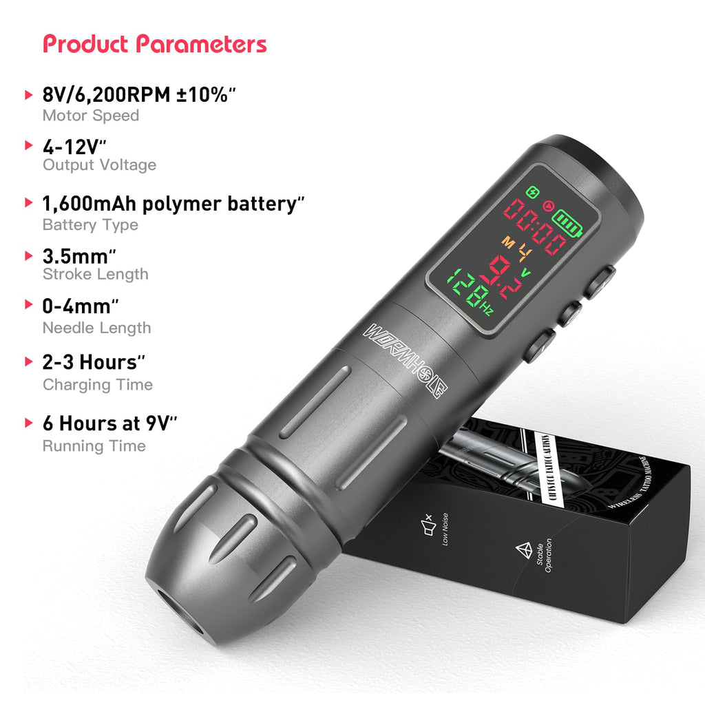 Wormhole Tattoo Gun Kit: Wireless 1600mAh Battery, 20 Needles, Xtreme Ink, Smart Pen