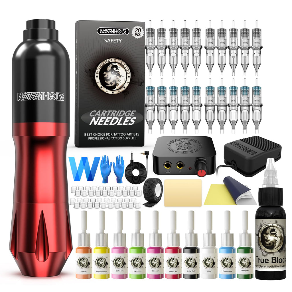 Wormhole Tattoo Kit WTK079 – Complete Tattoo Gun Kit with 20 Cartridges, 10 Inks, Foot Pedal & Power Supply