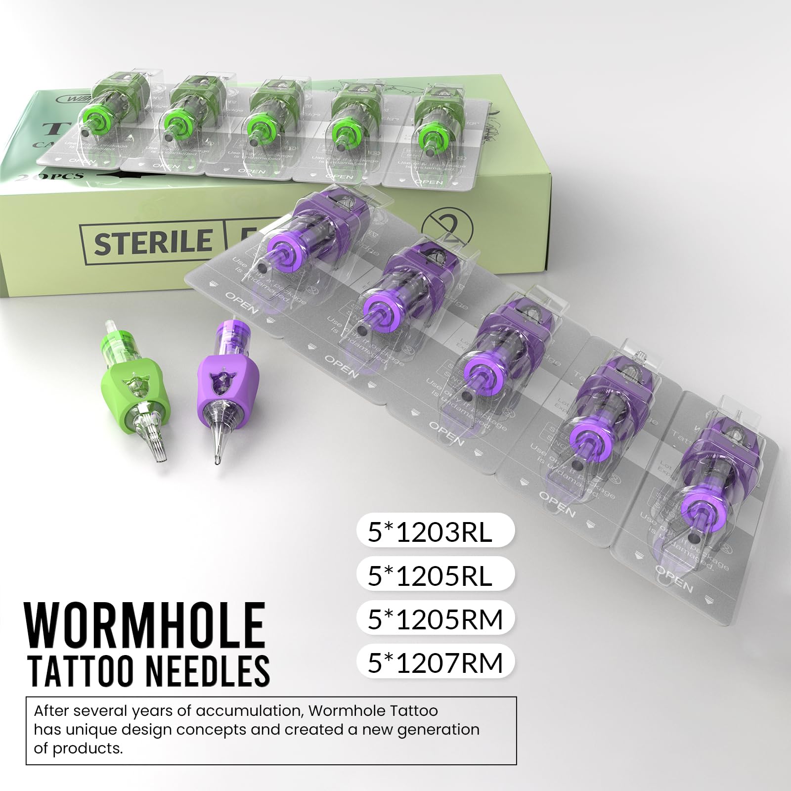 Wormhole Tattoo Cartridge Needles 20pc Mixed Sizes – 3RL 5RL 5RM 7RM, Finger Ledge