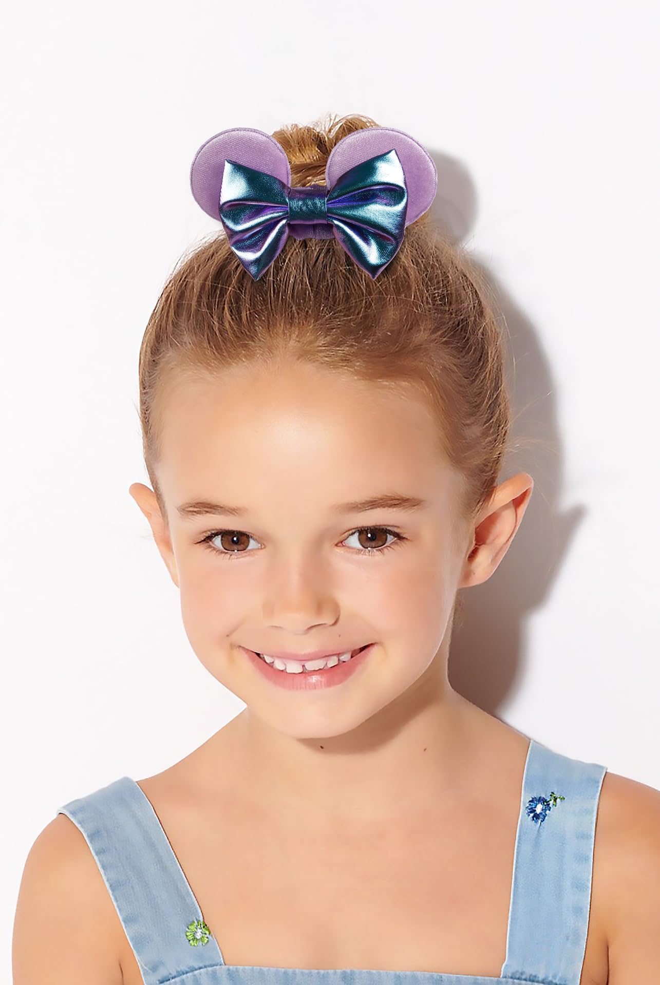 WOVOWOVO Mouse Ear Hair Scrunchies – 2 Pack Mermaid Velvet with Purple Bows for Women & Girls
