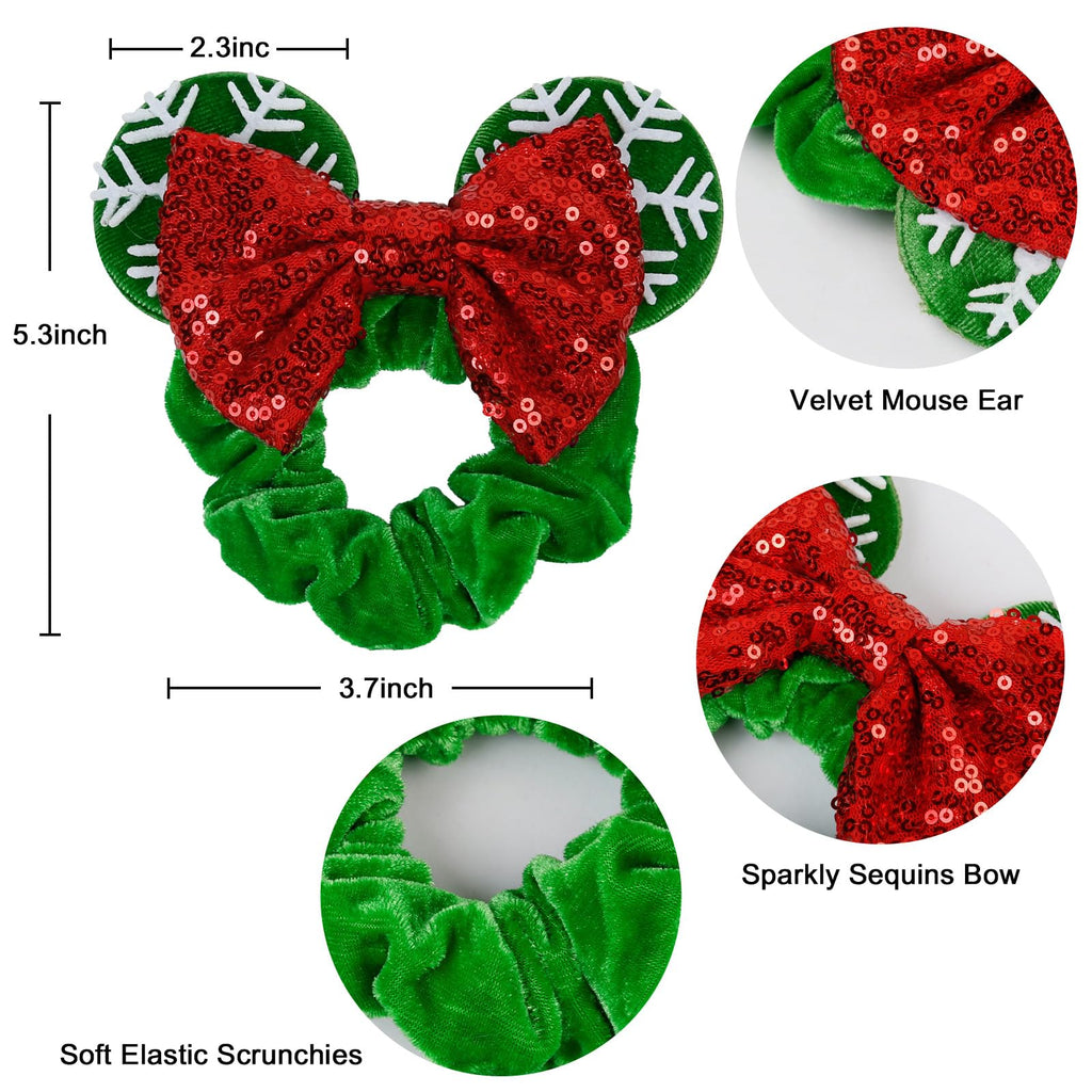WOVOWOVO Red Christmas Mouse Ear Scrunchies – Velvet, Bow & Sequins