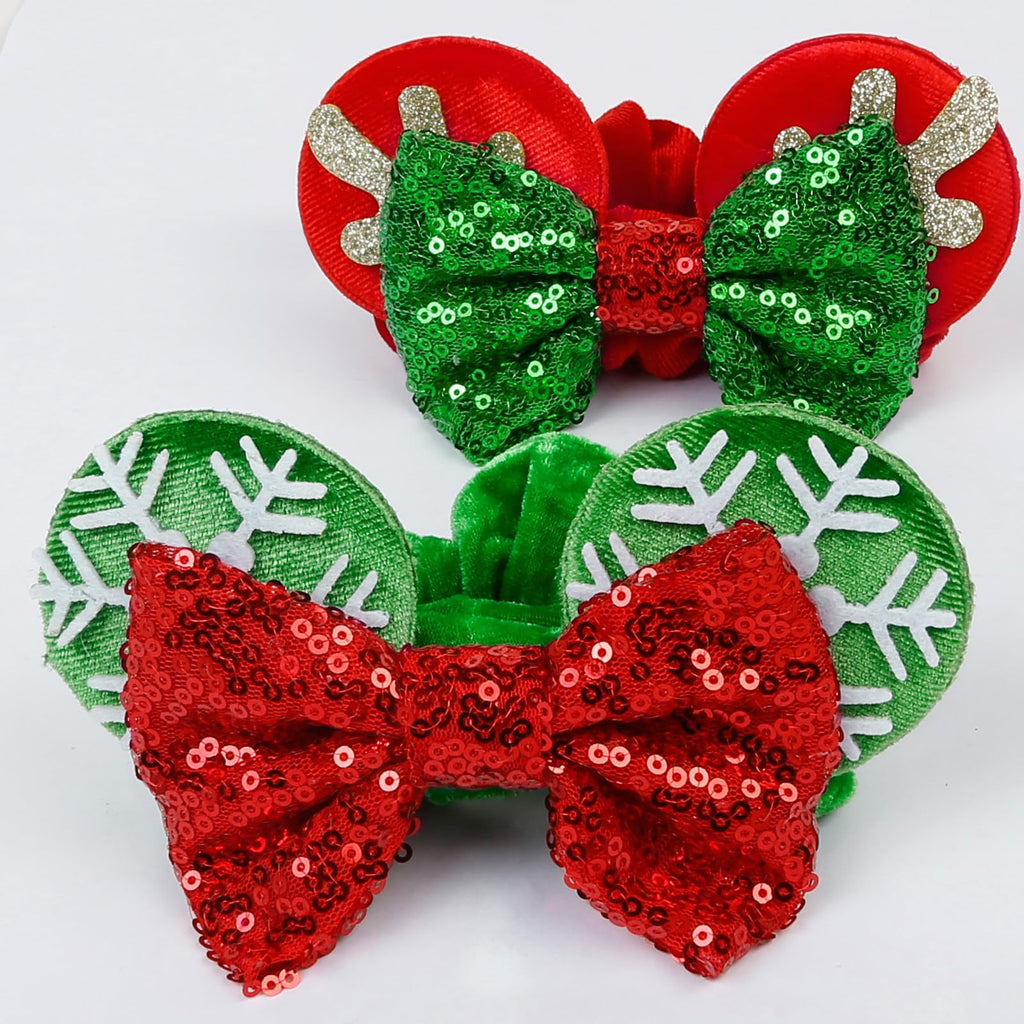 WOVOWOVO Red Christmas Mouse Ear Scrunchies – Velvet, Bow & Sequins