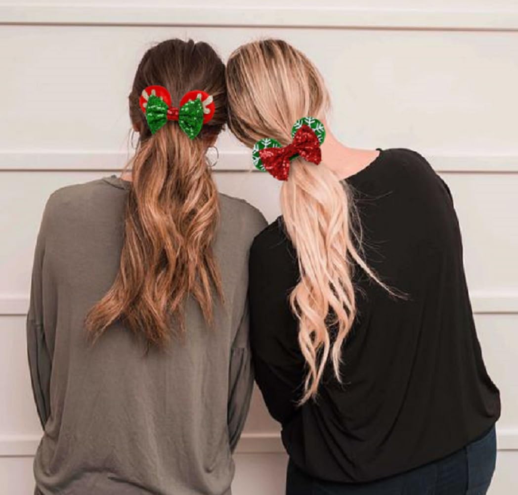 WOVOWOVO Red Christmas Mouse Ear Scrunchies – Velvet, Bow & Sequins