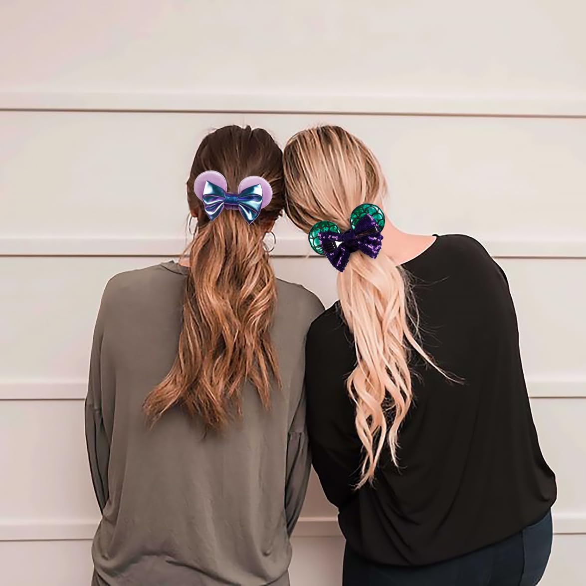 WOVOWOVO Mouse Ear Hair Scrunchies – 2 Pack Mermaid Velvet with Purple Bows for Women & Girls