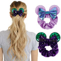WOVOWOVO Mouse Ear Hair Scrunchies – 2 Pack Mermaid Velvet with Purple Bows for Women & Girls