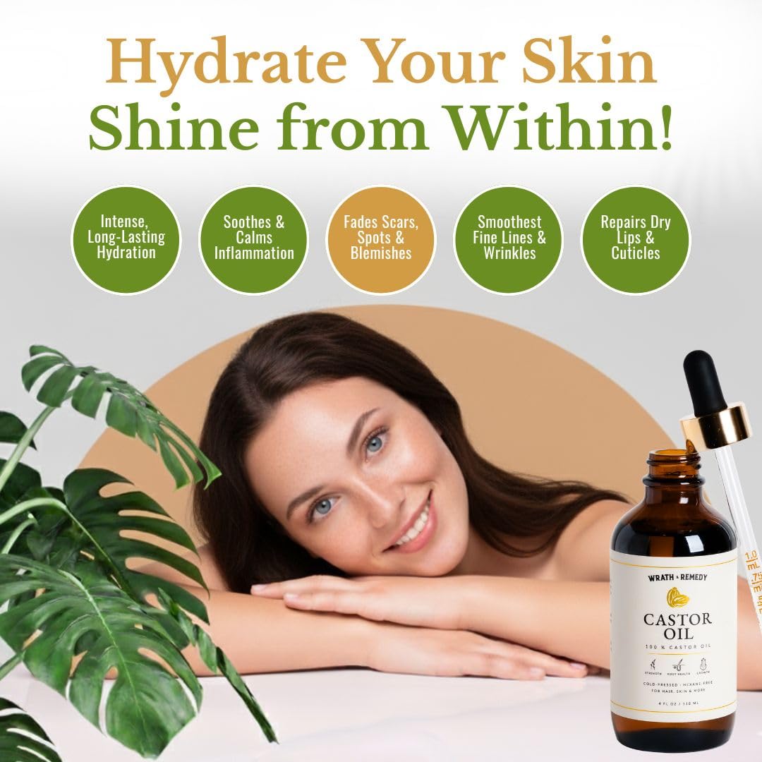 Wrath & Remedy Castor Oil Organic Hexane Free — 100% Pure Cold-Pressed Castor Oil for Hair Growth, Lashes, and Skin | 4oz Amber Glass Bottle