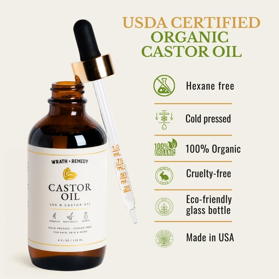 Wrath & Remedy Castor Oil Organic Hexane Free — 100% Pure Cold-Pressed Castor Oil for Hair Growth, Lashes, and Skin | 4oz Amber Glass Bottle