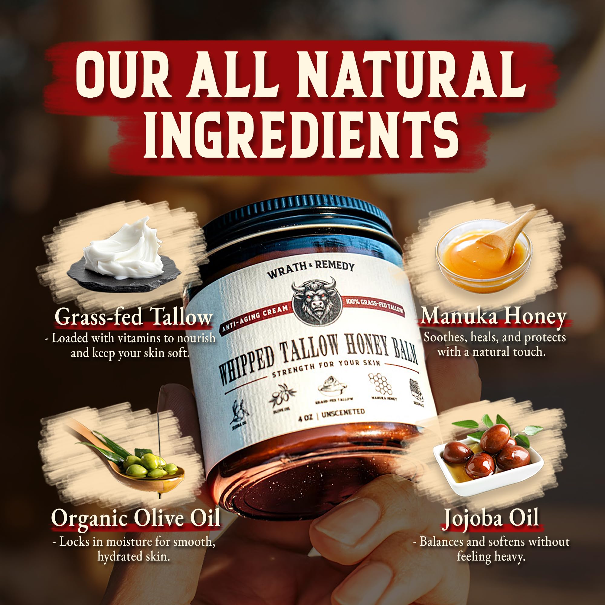 Wrath & Remedy Organic Beef Tallow for Skin - Unscented Whipped Balm 4 oz (Grass-Fed, USA)