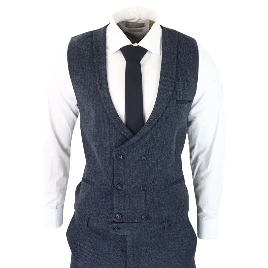 WS25 - Men's 3 Piece Tweed Suit Blue Double Breasted Waistcoat