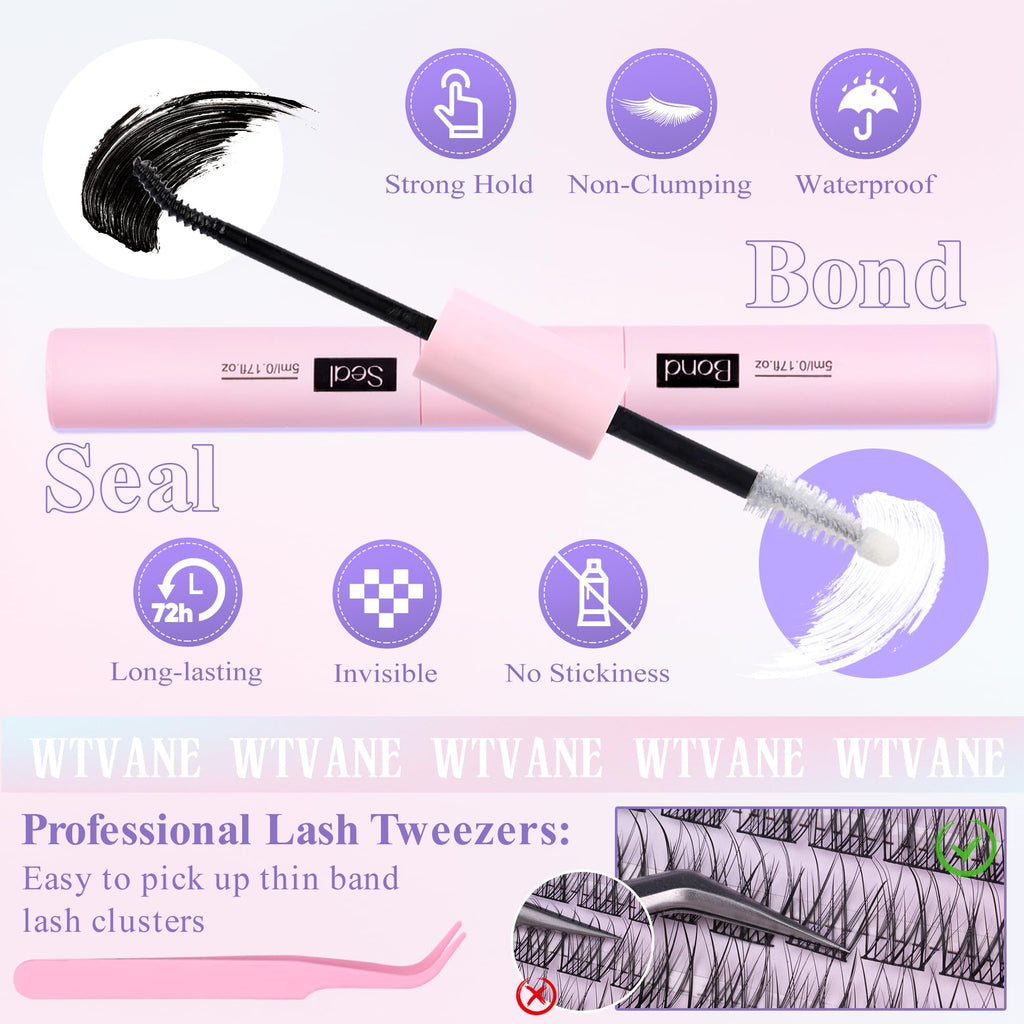 Wtvane Wispy Lash Clusters Kit – 144pcs Natural 10-16mm DIY Lash Extensions with Bond & Seal
