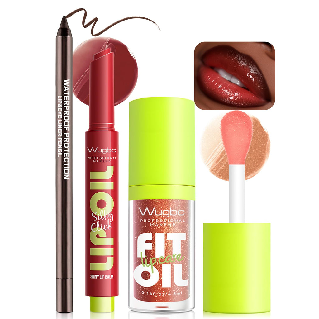 Wugbc Brown Lip Liner Glitter Lip Gloss Oil Click Lip Balm | Hydrating Lip Kit Set