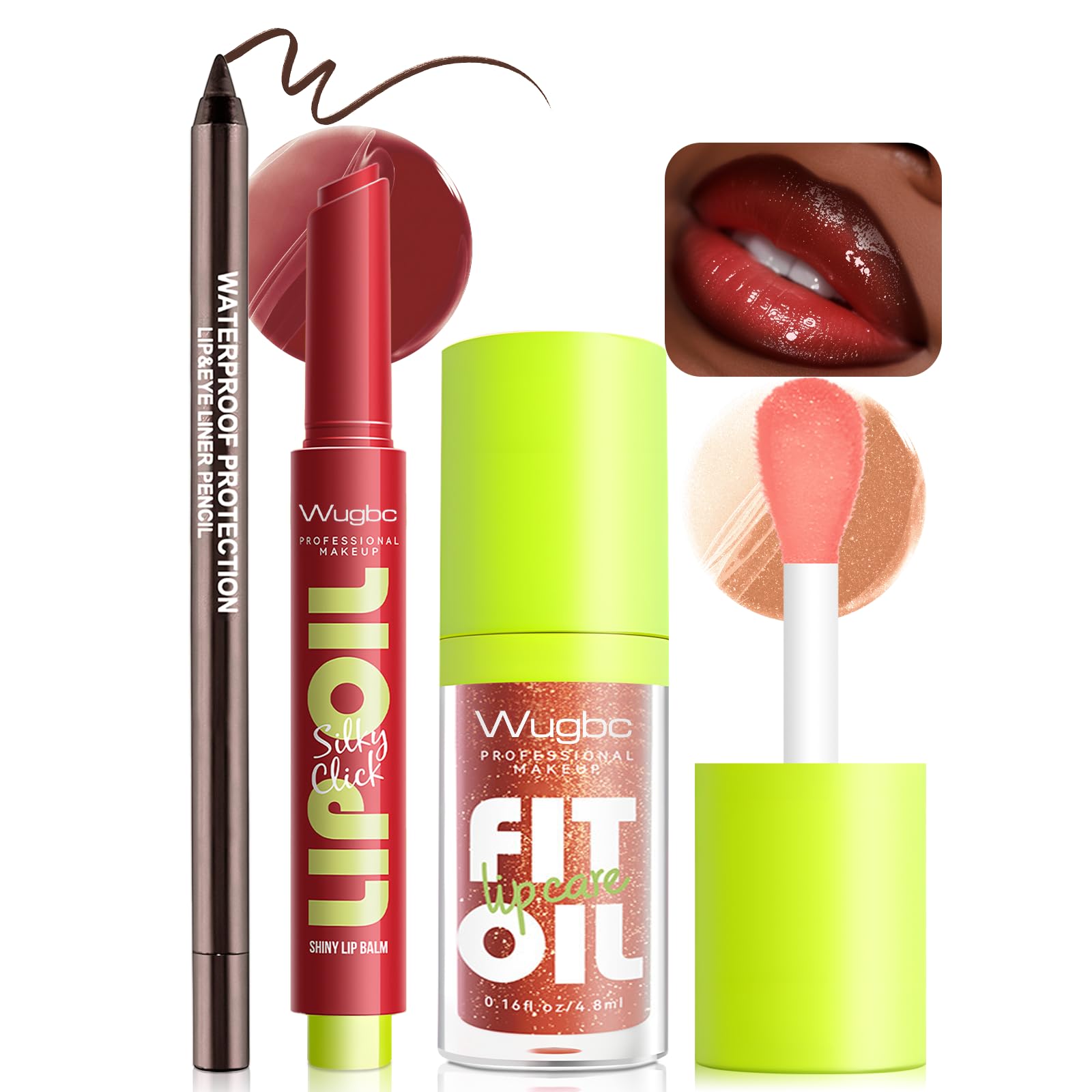 Wugbc Brown Lip Liner Glitter Lip Gloss Oil Click Lip Balm | Hydrating Lip Kit Set